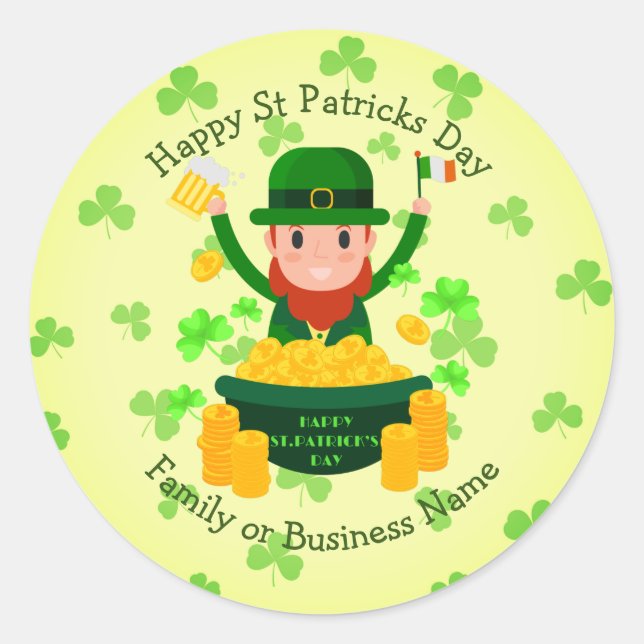 Adesivo Redondo Seu Nome Dia de São Patrício de Mensagem Leprechau (Frente)
