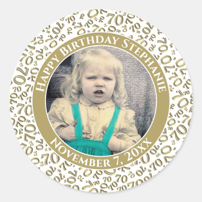 Adesivo Redondo Seu número de aniversário de 70 de foto | Dourado/ (Frente)