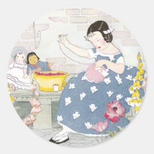 Adesivo Redondo Sewing em um jardim do Foxglove & das papoilas