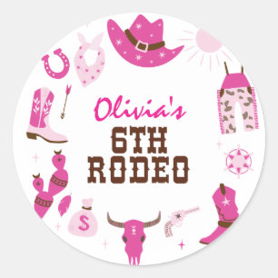 Adesivo Redondo Sexto Rodeio Pink Western Cowboy 6º Aniversário