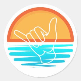 Adesivo Redondo Shaka Surfer Sign Over Beach Sunset Sticker