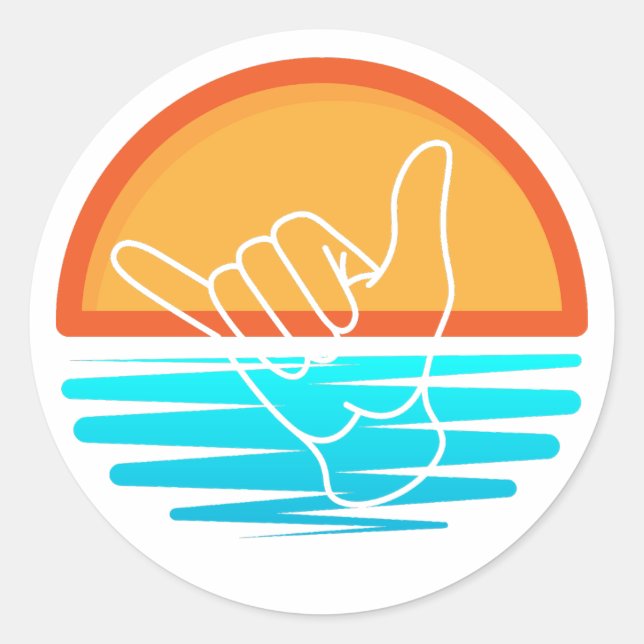 Adesivo Redondo Shaka Surfer Sign Over Beach Sunset Sticker (Frente)