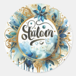 Adesivo Redondo Shalom Blue Gold Wreath Abstract Modern Trendy