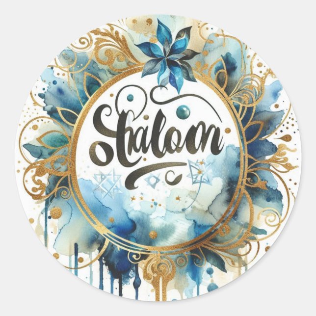 Adesivo Redondo Shalom Blue Gold Wreath Abstract Modern Trendy (Frente)