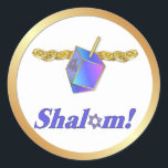 Adesivo Redondo Shalom Hanukkah<br><div class="desc">Design de Hanukkah,  rico em azul e ouro,  com as moedas de Dreidel e ouro. O texto diz...  Shalom.</div>