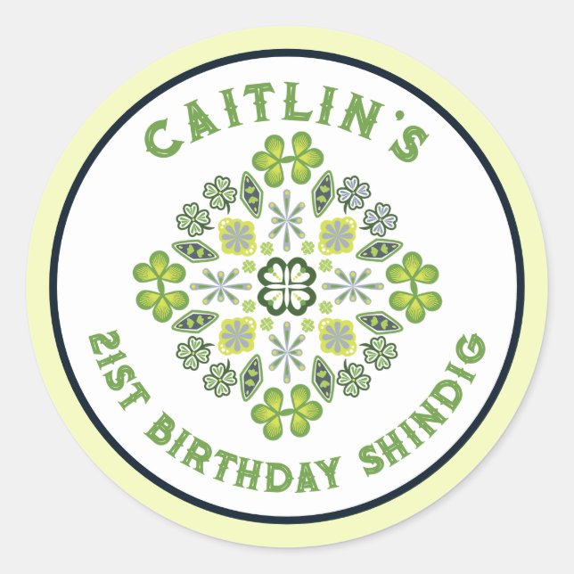 Adesivo Redondo Shamrock Mandala - aniversário de 21 anos (Frente)