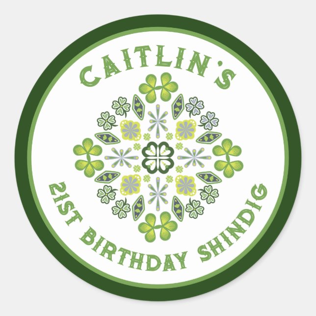 Adesivo Redondo Shamrock Mandala - aniversário de 21 anos (Frente)