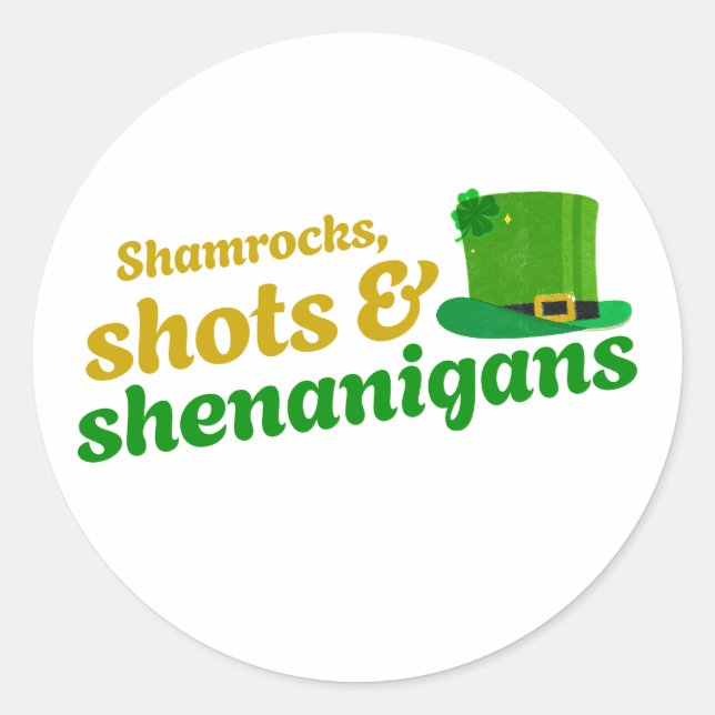 Adesivo Redondo Shamrocks, Shots e Shenanigans (Frente)