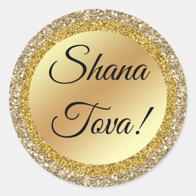 Adesivo Redondo shana tova! Script clássico, fundo ouro,personaliz (Frente)
