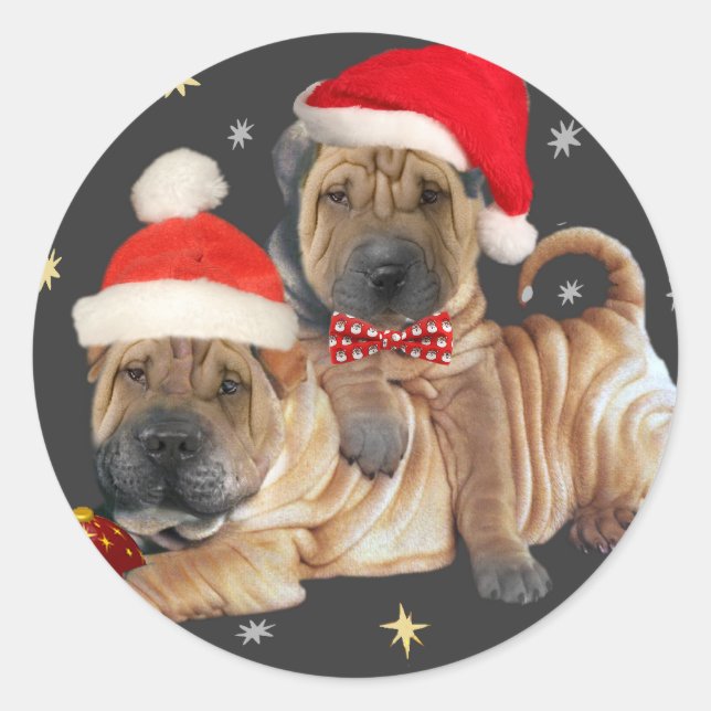 Adesivo Redondo Shar-pei Chinês Um Feliz presente de Natal (Frente)