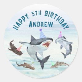 Adesivo Redondo Shark Birthday Pool Party Stickers