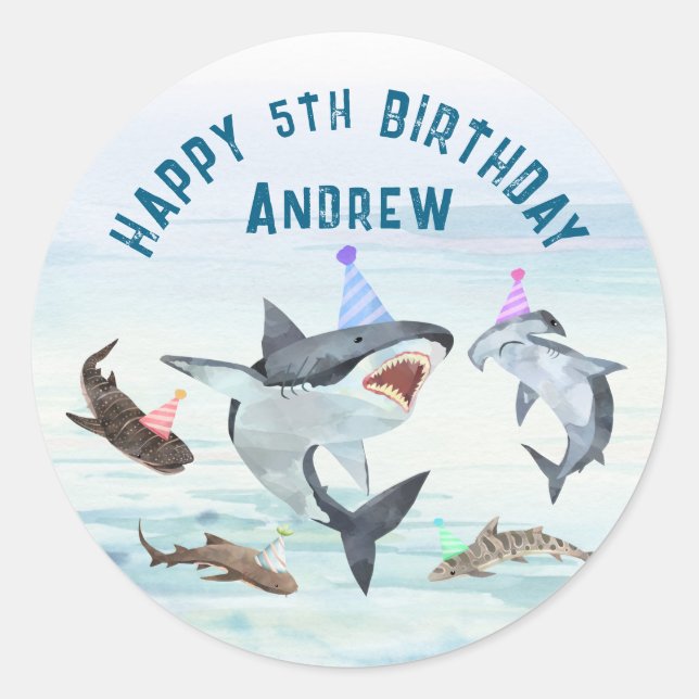 Adesivo Redondo Shark Birthday Pool Party Stickers (Frente)