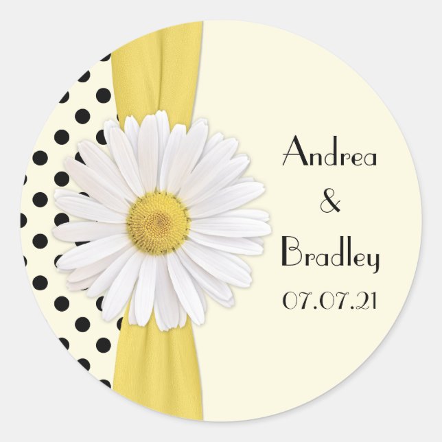 Adesivo Redondo Shasta Daisy Bolinhas Personalizada Casamento (Frente)