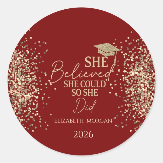 Adesivo Redondo  She Believed Gold Glitter Grad Cap,Dots Red (Frente)