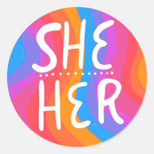 Adesivo Redondo She/HER Pronouns Rainbow Handlettering Sheet of
