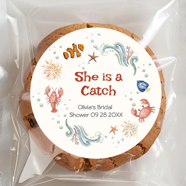 Adesivo Redondo She Is a Catch Coastal Bridal Shower Favor Sticker (Criador carregado)