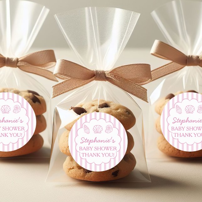 Adesivo Redondo She'll Be Here Soon Pink Sea Shells Baby Shower (Criador carregado)