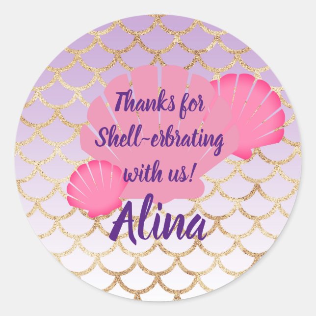 Adesivo Redondo Shellerbrate Party Favor da Sereia submarina (Frente)