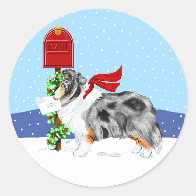 Adesivo Redondo Sheltie Christmas Mail Blue Merle (Frente)