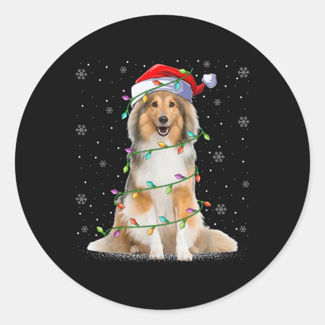 Adesivo Redondo Sheltie Dog Lover Xmas Lighting Santa Sheltie Chri (Frente)