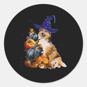 Adesivo Redondo Sheltie Dog Witch E Pumpkins Halloween Thanksgate