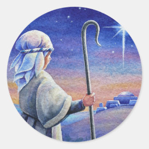 Adesivo Redondo Shepherd Boy Lamb & Star Watercolor Art