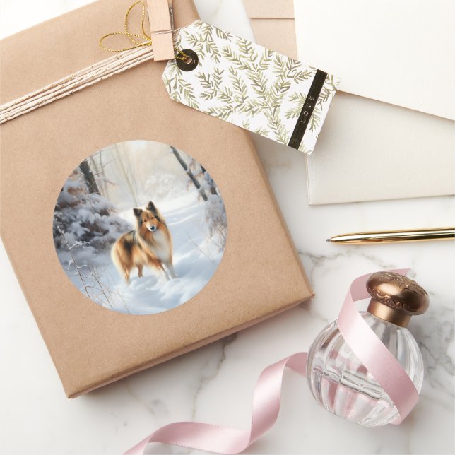 Adesivo Redondo Shetland Sheepdog Deixe-o nevar no Natal (Presentear)