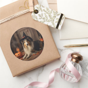 Adesivo Redondo Shetland Sheepdog Pumpkins Halloween Assustado