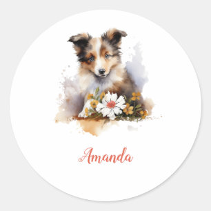 Adesivo Redondo Shetland Sheepdog Puppy Pet Watercolor Fllower