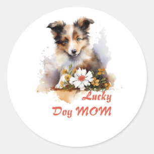 Adesivo Redondo Shetland Sheepdog Puppy Pet Watercolor Fllower