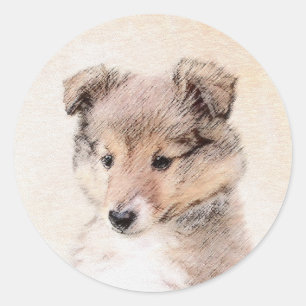 Adesivo Redondo Shetland Sheepdog Puppy Pintura Original
