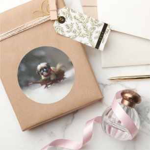 Adesivo Redondo Shh Tzu no inverno da neve de Natal