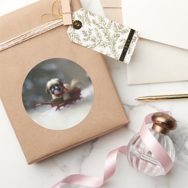 Adesivo Redondo Shh Tzu no inverno da neve de Natal (Presentear)