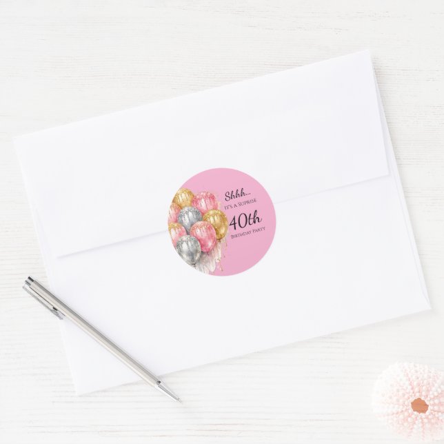 Adesivo Redondo Shhh Surprise Pink Silver and Gold Birthday Party (Envelope)