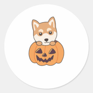 Adesivo Redondo Shiba Inu Em Pumpkin Cães Doce Feliz Dia das Bruxa