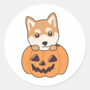 Adesivo Redondo Shiba Inu Em Pumpkin Cães Doces Feliz Dia das Brux