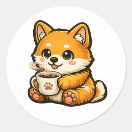 Adesivo Redondo Shiba Inu Fofo com Café – Ilustração de Cachorro A