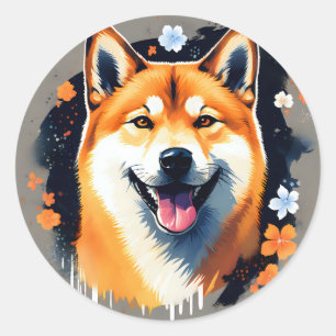 Adesivo Redondo Shiba Inu Retrato com Floral