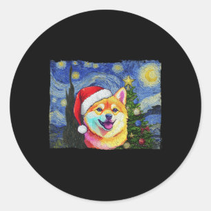 Adesivo Redondo Shiba Inu Santa Hat Cão de Arte da Noite Estrelada