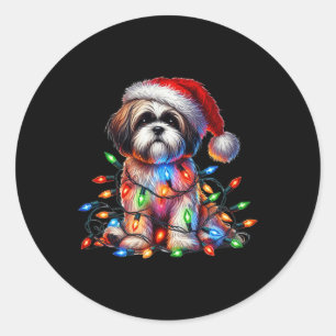 Adesivo Redondo Shih Tzu Christmas Luz Santa Hat Cão