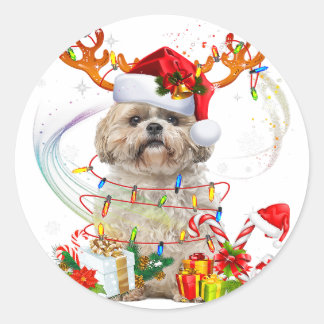 Adesivo Redondo Shih Tzu Christmas Reindeer | Luzes de Natal