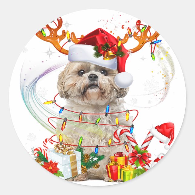 Adesivo Redondo Shih Tzu Christmas Reindeer | Luzes de Natal (Frente)