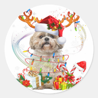 Adesivo Redondo Shih Tzu Christmas Reindeer | Luzes de Natal
