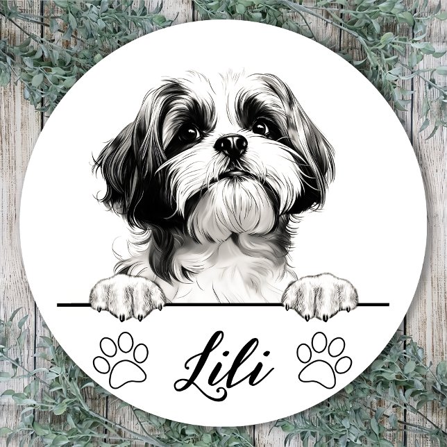 Adesivo Redondo Shih Tzu Dog Desenho Mão Personalizado (Criador carregado)