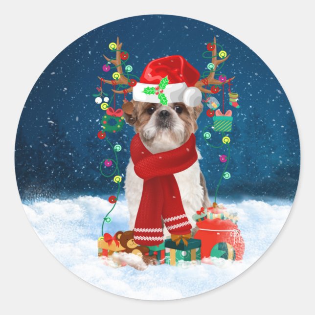 Adesivo Redondo Shih Tzu Dog em neve com presentes de Natal (Frente)