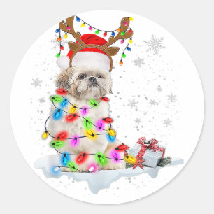 Adesivo Redondo Shih Tzu Dog Natal Luzes de Natal de renas