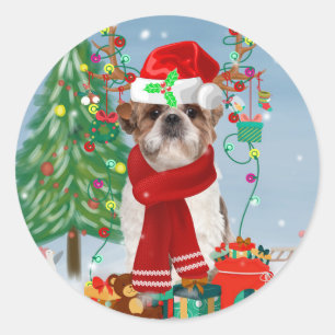 Adesivo Redondo Shih Tzu Dog no Natal da Neve