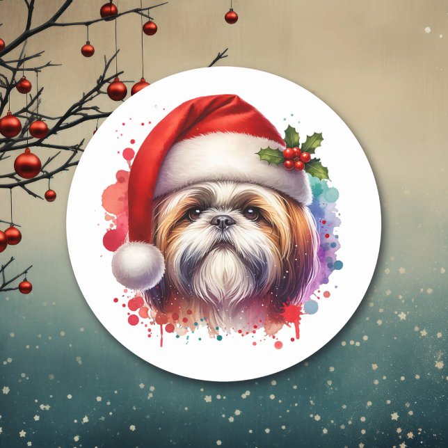 Adesivo Redondo Shih Tzu Dog no Natal de Santa Hat (Criador carregado)