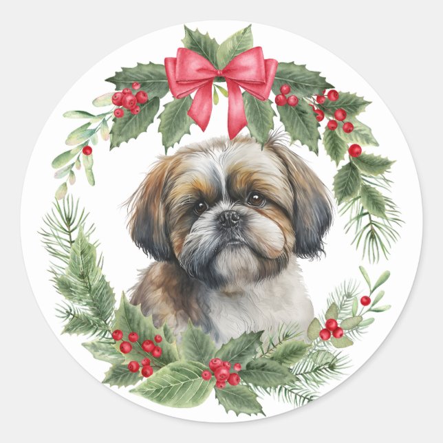 Adesivo Redondo Shih Tzu Dog Red Arco Holly Wreath (Frente)