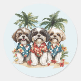 Adesivo Redondo Shih Tzu Dogs Vestindo camisas havaianas